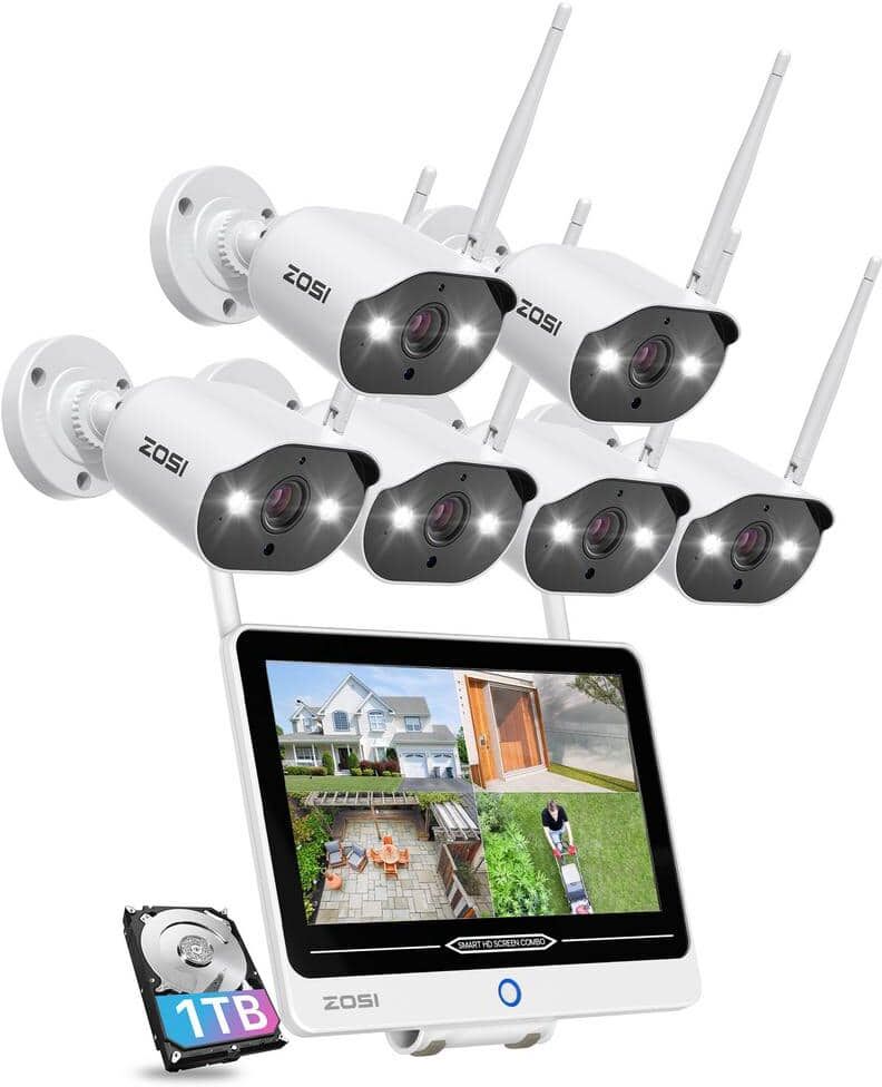 ZOSI 8-Channel 3MP 1TB NVR Security Camera System with 6 WiFi Spotlight Cameras and 12.5 in. LCD Monitor, 2-Way Audio