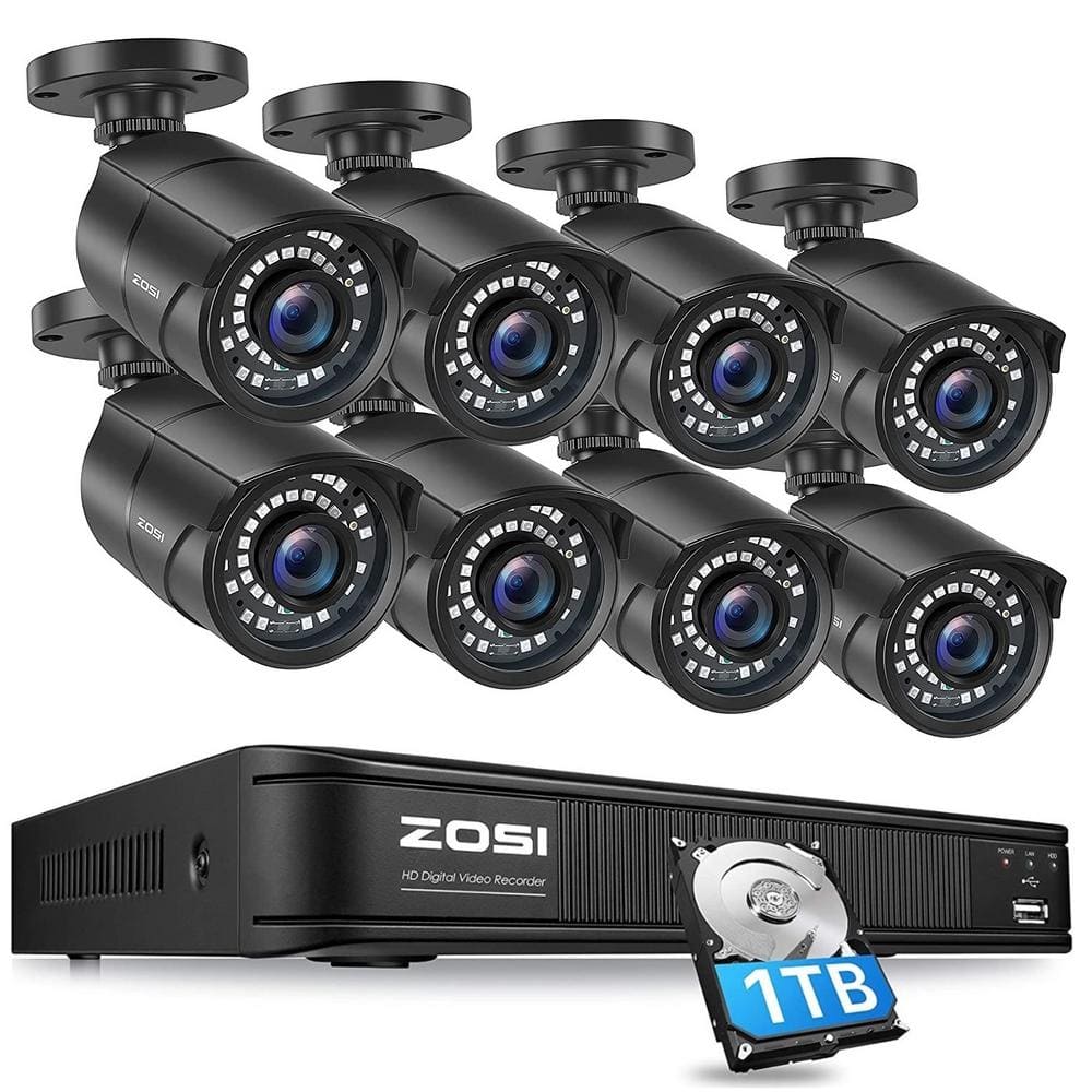 ZOSI H265+ 8-Channel 5Mp-Lite 1TB DVR Security Camera System with 8 1080p Outdoor Wired Bullet Cameras, 120 ft. Night Vision