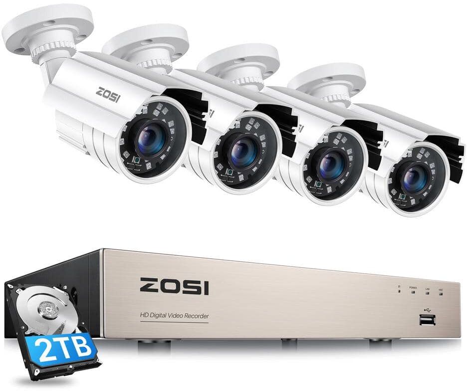 ZOSI H.265+ 8-Channel 5MP-Lite DVR 2TB Hard Drive Security Camera System with 4 Wired Cameras, 80ft Night Vision