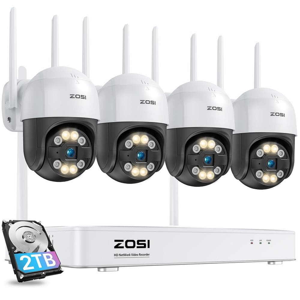 ZOSI Wireless 8-Channel 4MP 2TB NVR Security Camera System with 4 355° PTZ Outdoor Cameras, Color Night Vision Auto Tracking