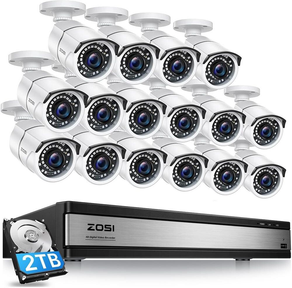 ZOSI 16-Channel 1080p 2TB Hard Drive DVR Security Camera System with 16 Wired Bullet Cameras