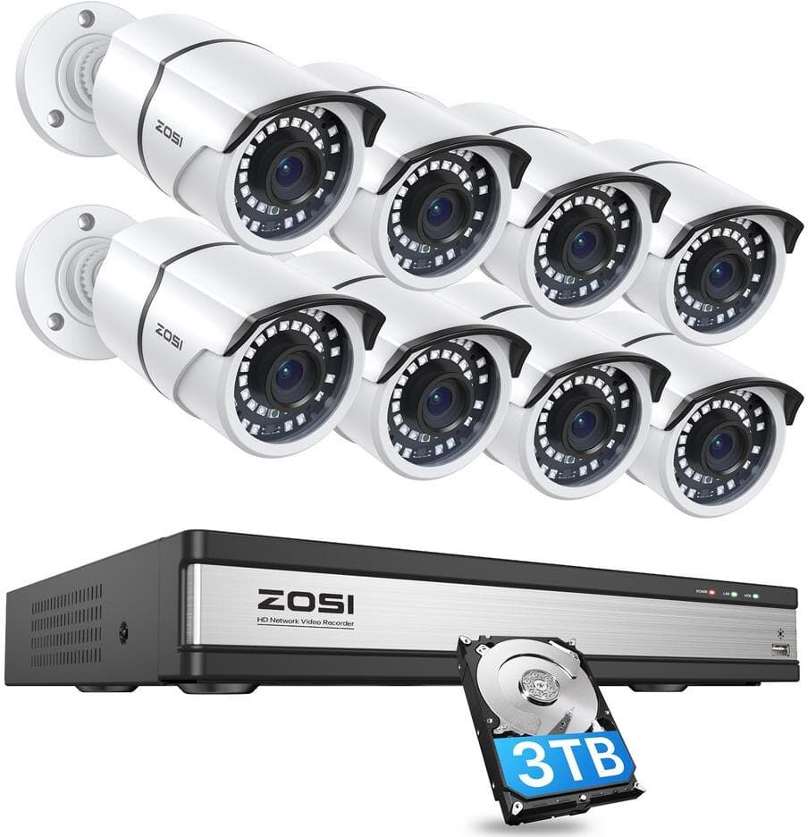 ZOSI 16-Channel 4K POE Security Cameras System with 3TB Hard Drive and 8 Wired 5MP Outdoor IP Cameras, 120 ft. Night Vision