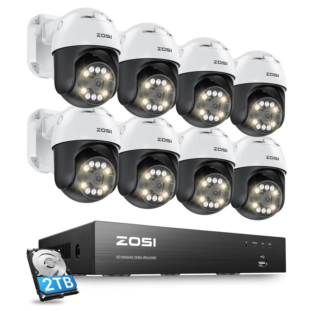 ZOSI 4K 8-Channel POE 2TB NVR Security Camera System with 8-Wired 5MP 355-Degree Pan Tilt Outdoor Cameras, 2-Way Audio