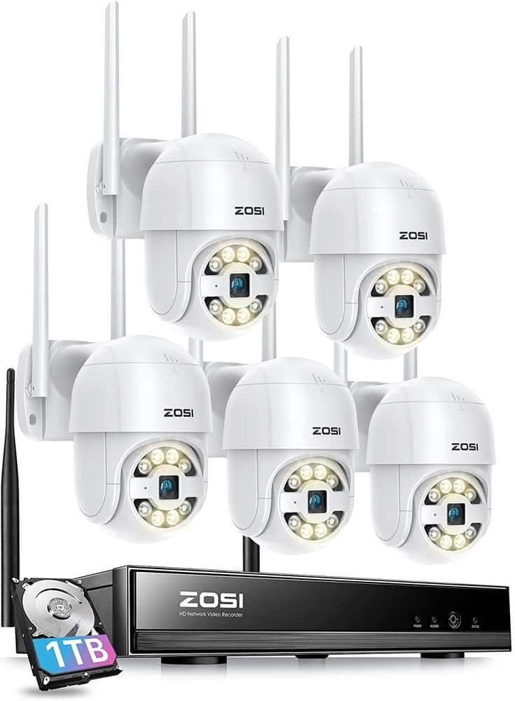 ZOSI Wireless 8-Channel 3MP 2K 1TB NVR Security Camera System 5 WiFi 360 Pan Tilt Outdoor Audio Cameras, Color Night Vision