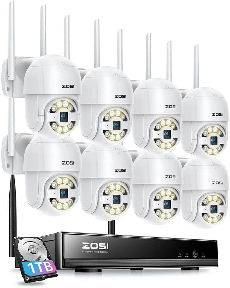 ZOSI 8 Channel 3MP 1TB Wi-Fi NVR Security Camera System w/8 Wireless Outdoor Cameras, Pan/Tilt, 2-Way Audio, Light and Siren