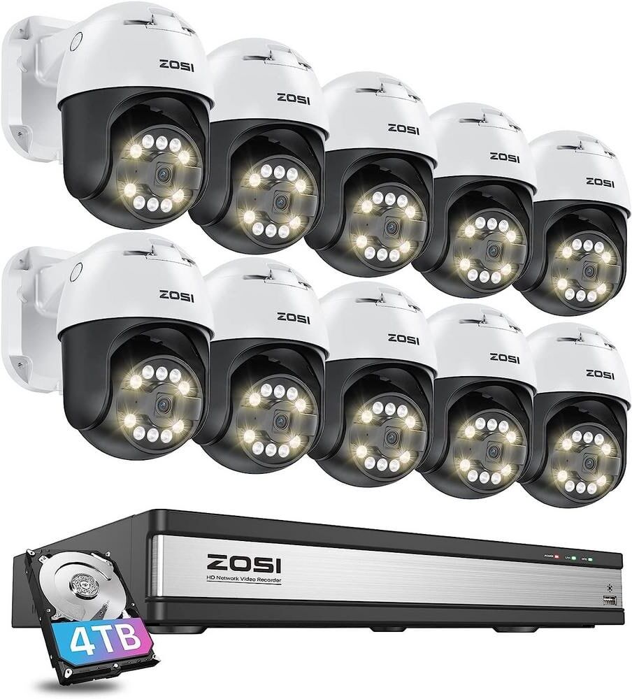 ZOSI 4K 16-Channel POE 4TB NVR Security Camera System with 10-Wired 5MP 355-Degree Pan Tilt Outdoor Cameras, 2-Way Audio