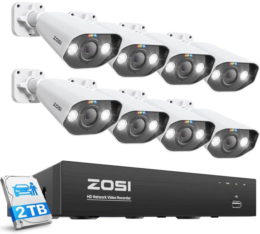 ZOSI 4K 8-Channel 5MP 2TB POE NVR Home Security Camera System with 8X Wired Spotlight Cameras, Car Detect, Face Recognition