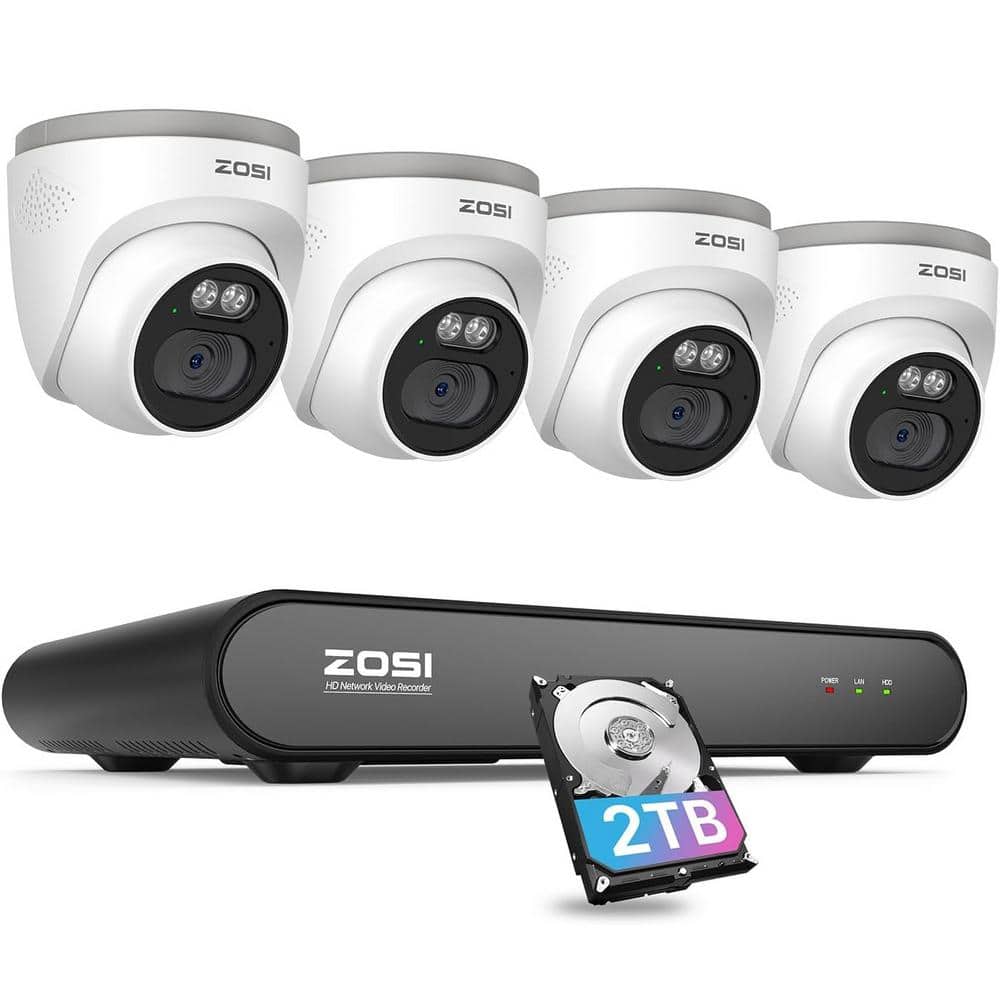 ZOSI 5MP 8-Channel 2TB POE NVR Security Camera System with 4-4MP Wired Outdoor Cameras, Smart AI Human Detection