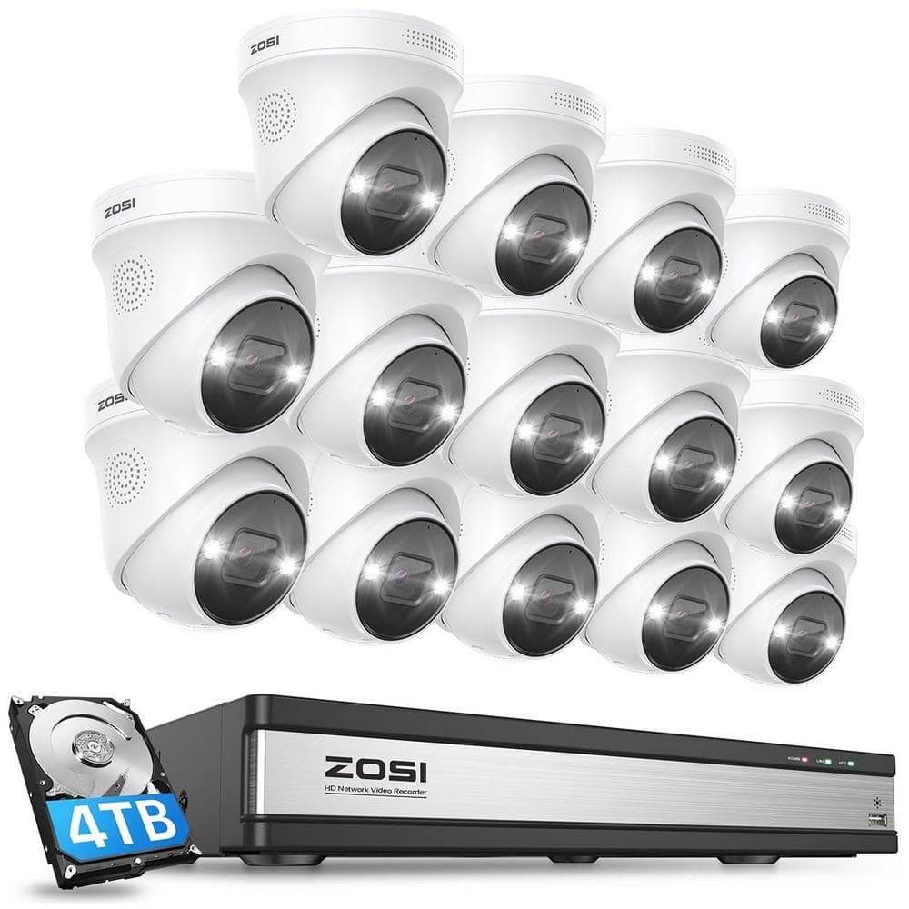 ZOSI 16-Channel 4K Ultra HD 8MP POE 4TB NVR Security Camera System with 14X 8MP Wired Spotlight Cameras, 2-Way Audio