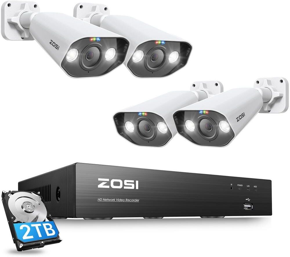 ZOSI Ultra HD 4K 8-Channel 2TB PoE NVR Security Camera System with 4-Wired 8MP Spotlight Cameras, Face and Car Recognition