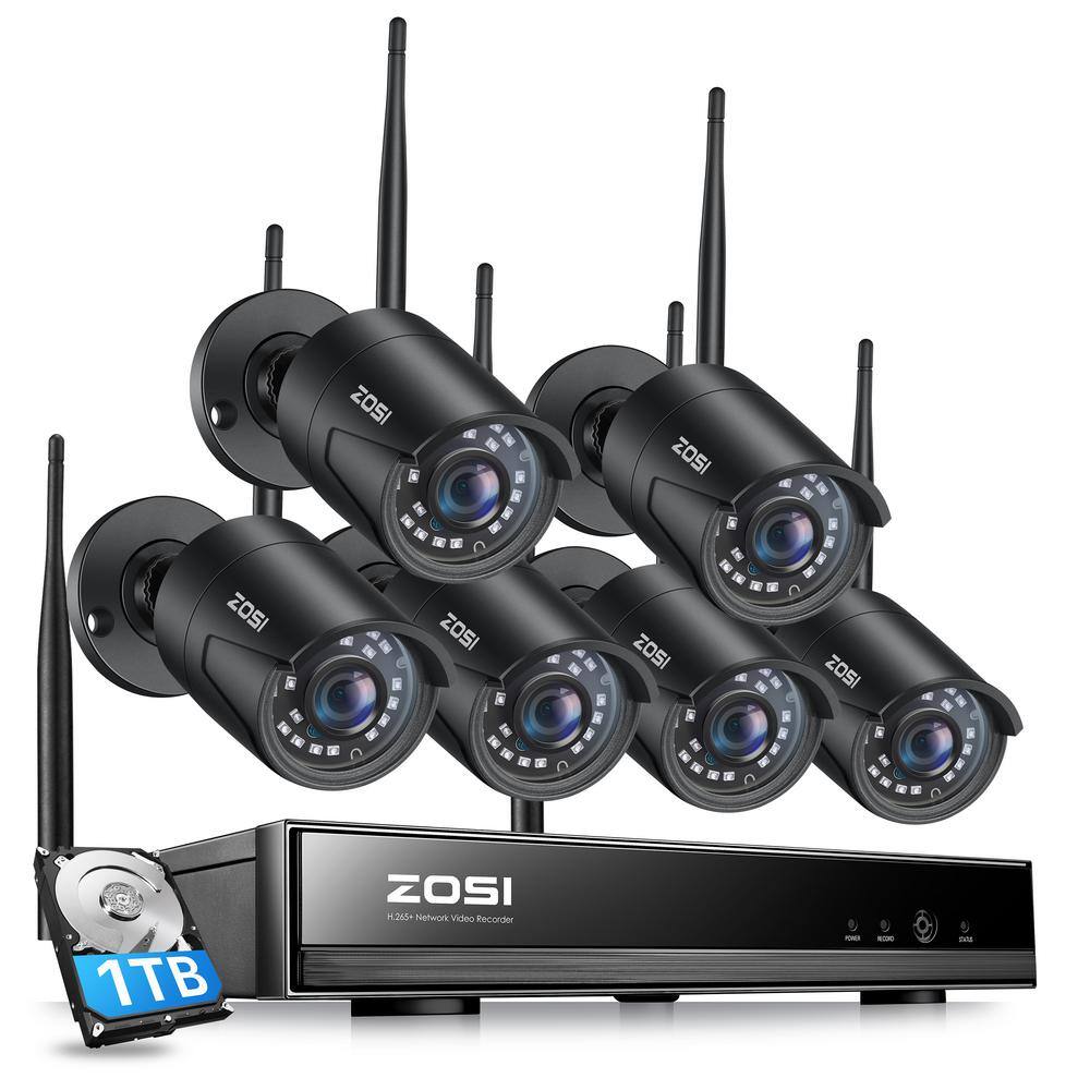 ZOSI 8-Channel 1080p 1TB Hard Drive NVR Security Camera System with 6 Wireless Wi-Fi Bullet Cameras, 80ft Night Vision