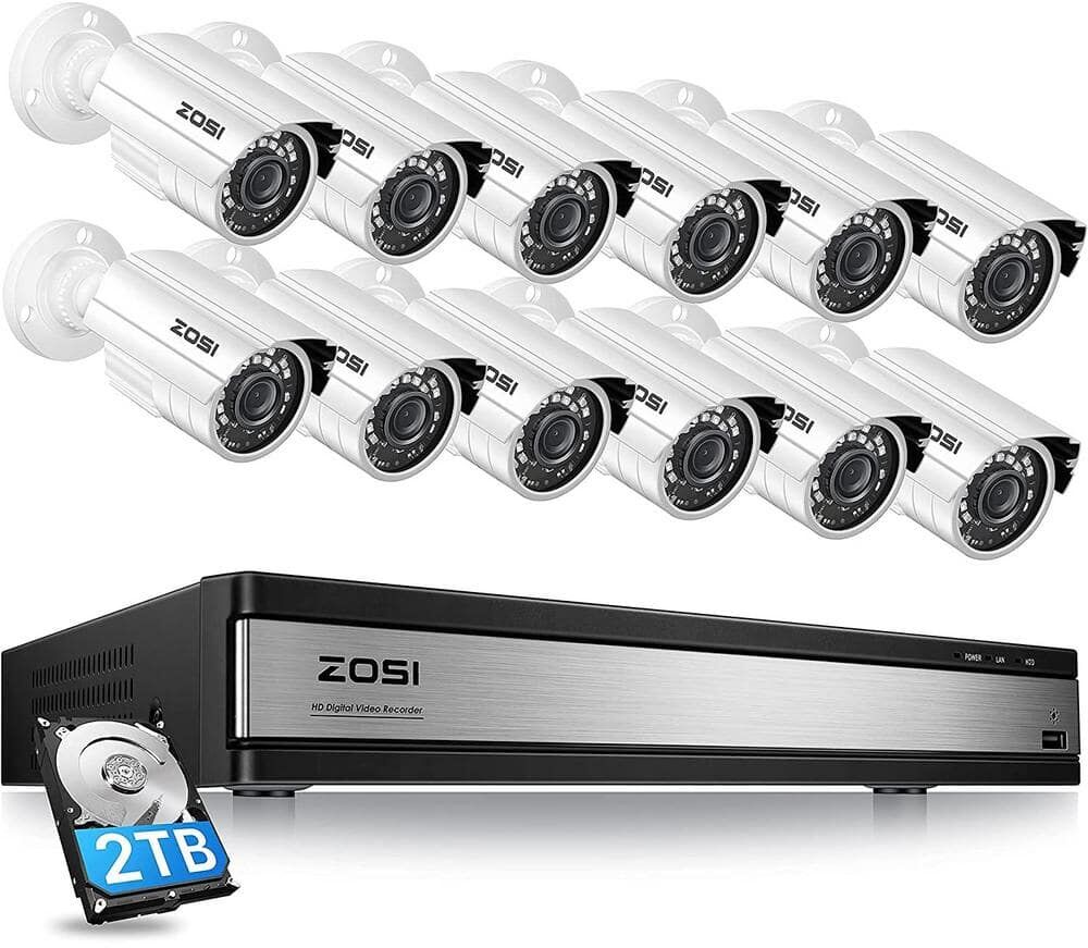 ZOSI 16-Channel 1080p 2TB DVR Security Camera System with 12 Wired Bullet Cameras White