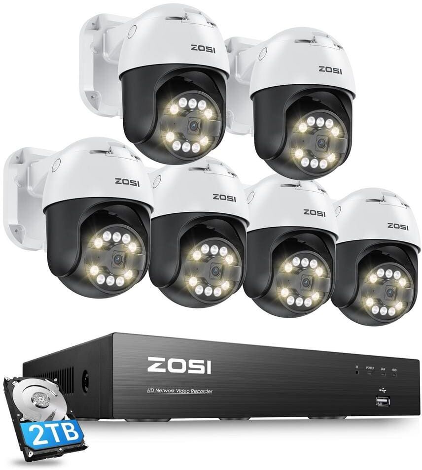 ZOSI 4K 8-Channel POE 2TB NVR Security Camera System with 6-Wired 5MP 355-Degree Pan Tilt Outdoor Cameras, 2-Way Audio