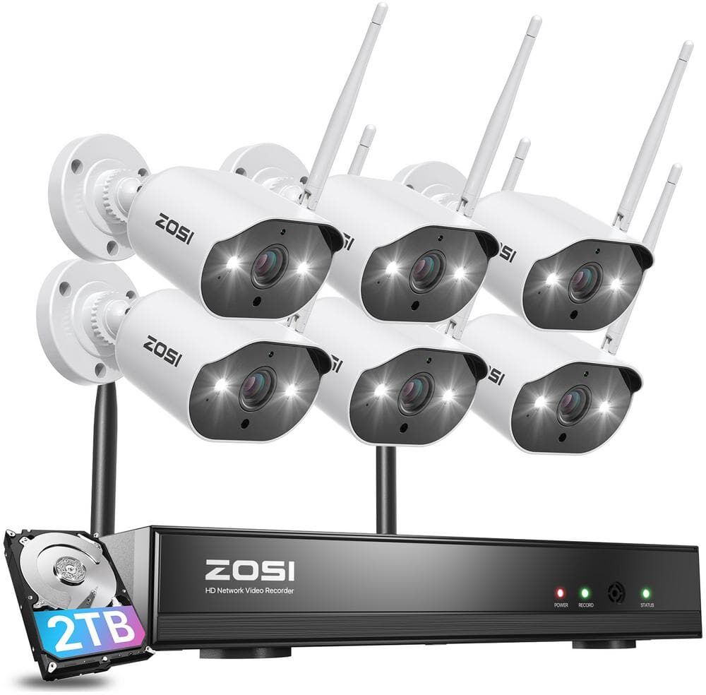 ZOSI 8-Channel H.265+ 3MP 2K 2TB Hard Drive NVR Wireless Security Camera System with 6 Outdoor Wi-Fi IP Cameras-White