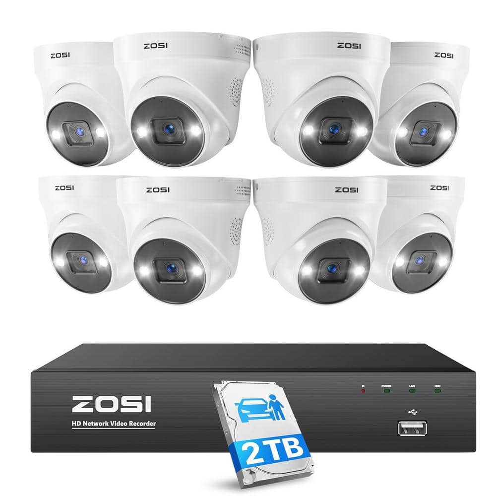 ZOSI 4K 8-Channel POE 2TB NVR Security Camera System with 8 Wired 5MP Outdoor Cameras, Smart Human and Car Detection
