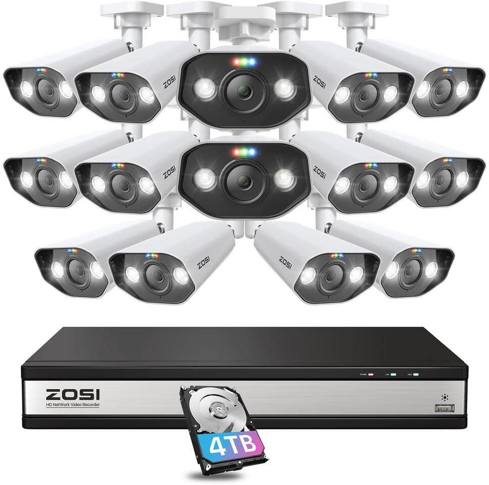 ZOSI 4K 16-Channel 8MP PoE 4TB NVR Security Camera System with 14 Wired 8MP Spotlight IP Cameras, Smart AI Human/Car Detect