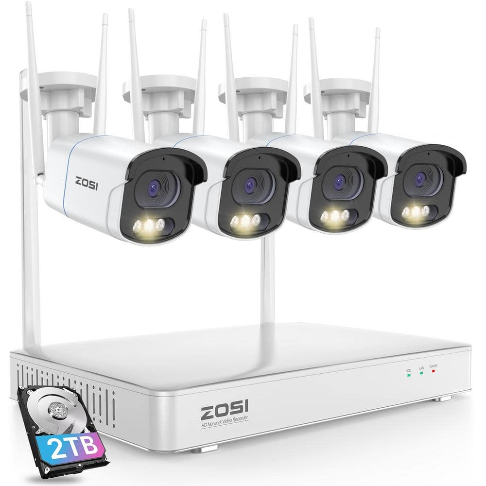 ZOSI 2.5K 8-Channel 2TB NVR Wireless Security Camera System with 4-4MP Outdoor Wi-Fi IP Spotlight Cameras, 2-Way Audio