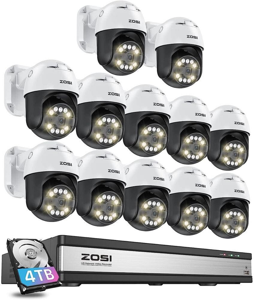 ZOSI 4K 16-Channel POE 4TB NVR Security Camera System with 12-Wired 5MP 355-Degree Pan Tilt Outdoor Cameras, 2-Way Audio