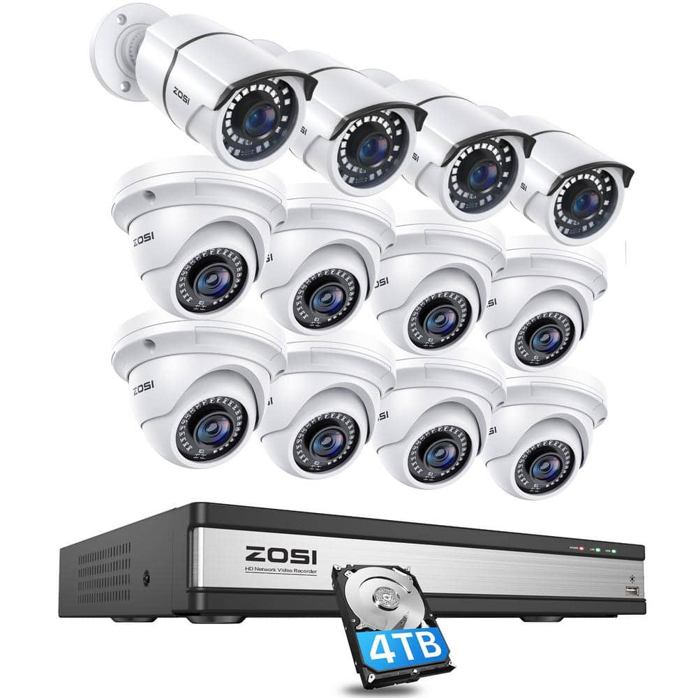 ZOSI 5MP Wired 4K UHD 16-Channel POE NVR Security Camera System with 4TB HDD and 12 Outdoor Bullet/Dome Cameras