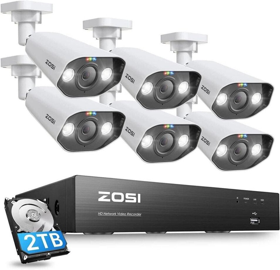 ZOSI Ultra HD 4K 8-Channel 2TB PoE NVR Home Security Camera System with 6 Wired 8MP Spotlight Cameras, 2-Way Audio