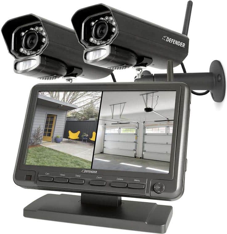 Defender PHOENIXM2 Non-Wi-Fi. Plug-In Security Camera System with 7-in. Monitor SD Card Recording and 2 Night Vision Cameras