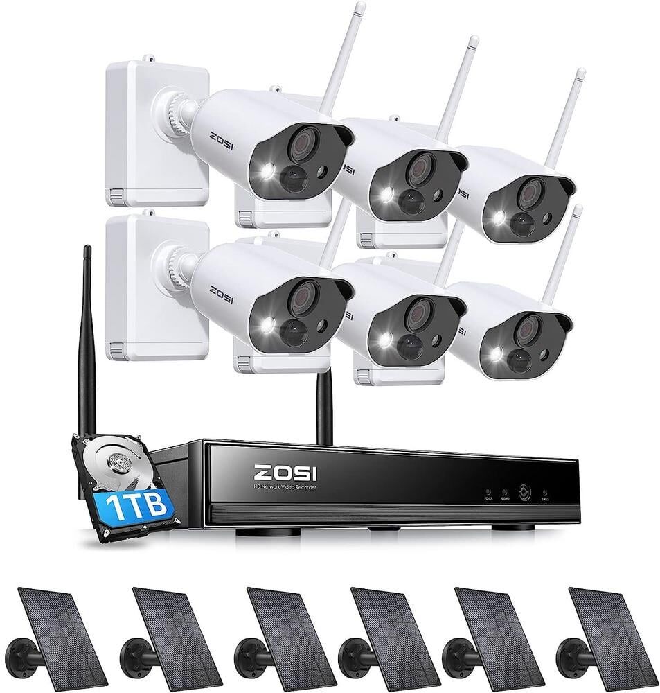 ZOSI 8-Channel 3MP 2K Wi-Fi 1TB Outdoor Security Camera System with 6-Wireless Cameras, Color Night Vision