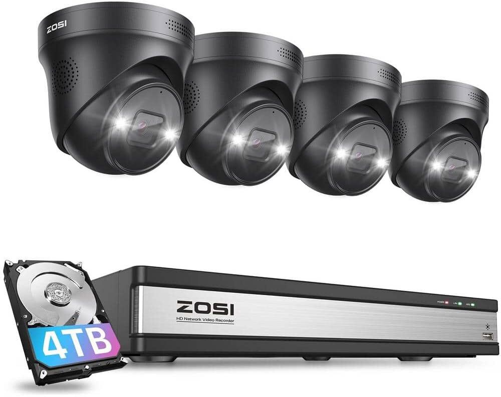 ZOSI 4K UHD 16-Channel POE 4TB Hard Drive NVR Security System with 4-Wired 8MP Spotlight Cameras, 2-Way Audio