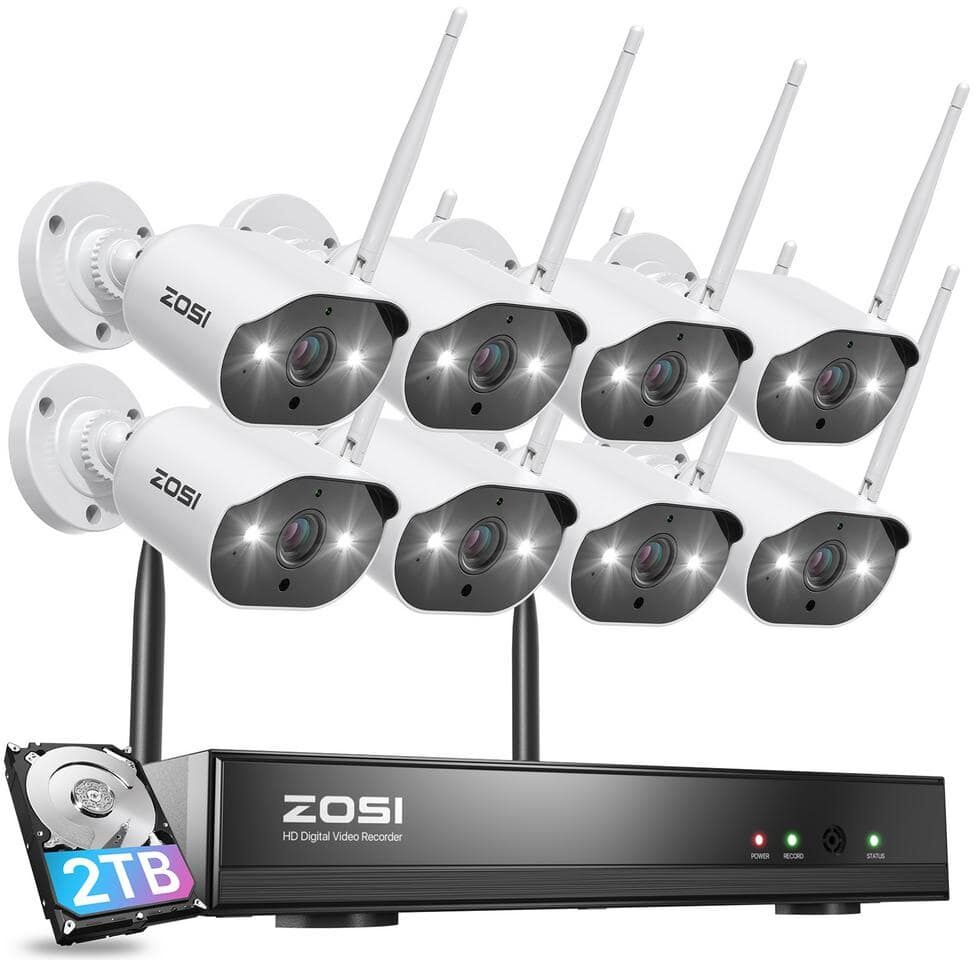 ZOSI 8-Channel H.265+ 3MP 2K 2TB Hard Drive NVR Security Camera System with 8pcs Outdoor WiFi IP Cameras, Color Night Vision