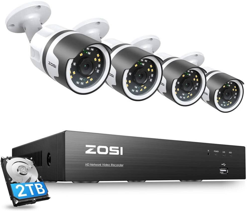 ZOSI 8-Channel 5MP POE 2TB NVR Security Camera System with 4 5MP Wired Outdoor Cameras, Human Detection, 2-Way Audio