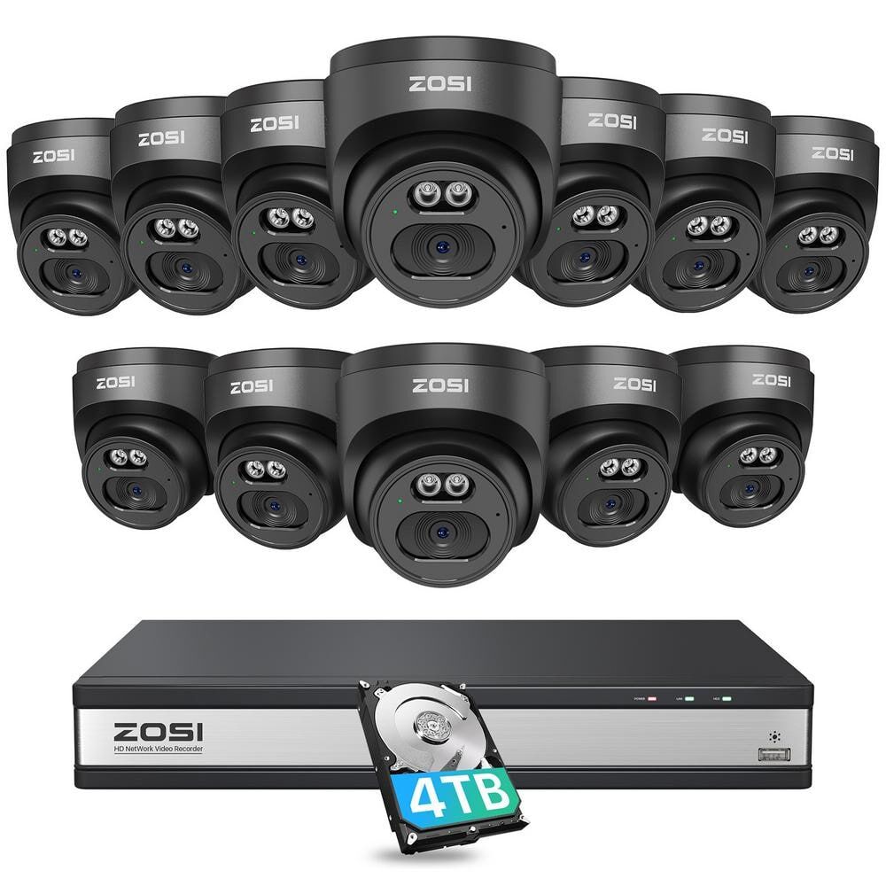 ZOSI 16-Channel 4TB POE NVR Security Camera System with 12 Wired 4MP(1440P) QHD 2.5K Outdoor/Indoor IP Dome Audio Cameras