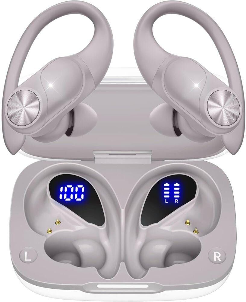 Etokfoks Premium Deep Bass IPX7 Wireless Earbuds with Wireless Charging Case Digital Display, Pearl Gray