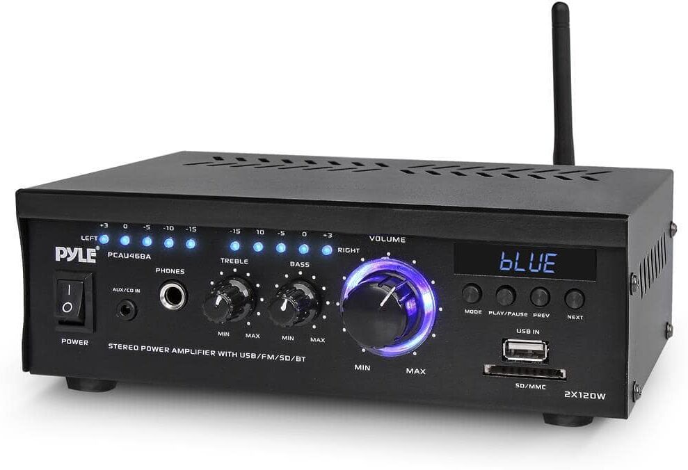 Pyle Audio Speaker Power Amplifier System, 2 x 120-Watt Digital Amp w/Headphone jack, MP3/USB/SD/MMC Card Reader/FM Radio