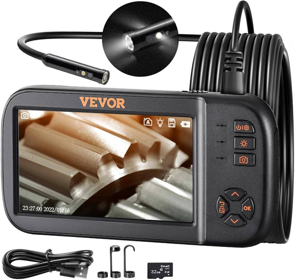 VEVOR 3-Lens Borescope Inspection Camera 4.5 in. Screen Endoscope Sewer Camera with Drain Snake 10-LED Light for Auto Plumbing