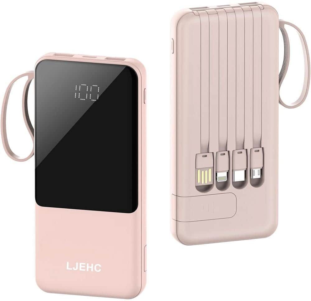 Etokfoks 10000mAh Slim USB C Power Bank with Built in Cables 5 Output 3 Input and LED Display in Pink - (1-Pack)