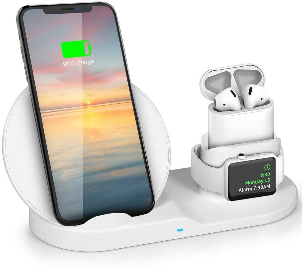 Etokfoks 10-Watt 3-In 1 Fast Charging Station Wireless Charger Stand Pad For iPhone Apple iWatch with Type C Cable, White