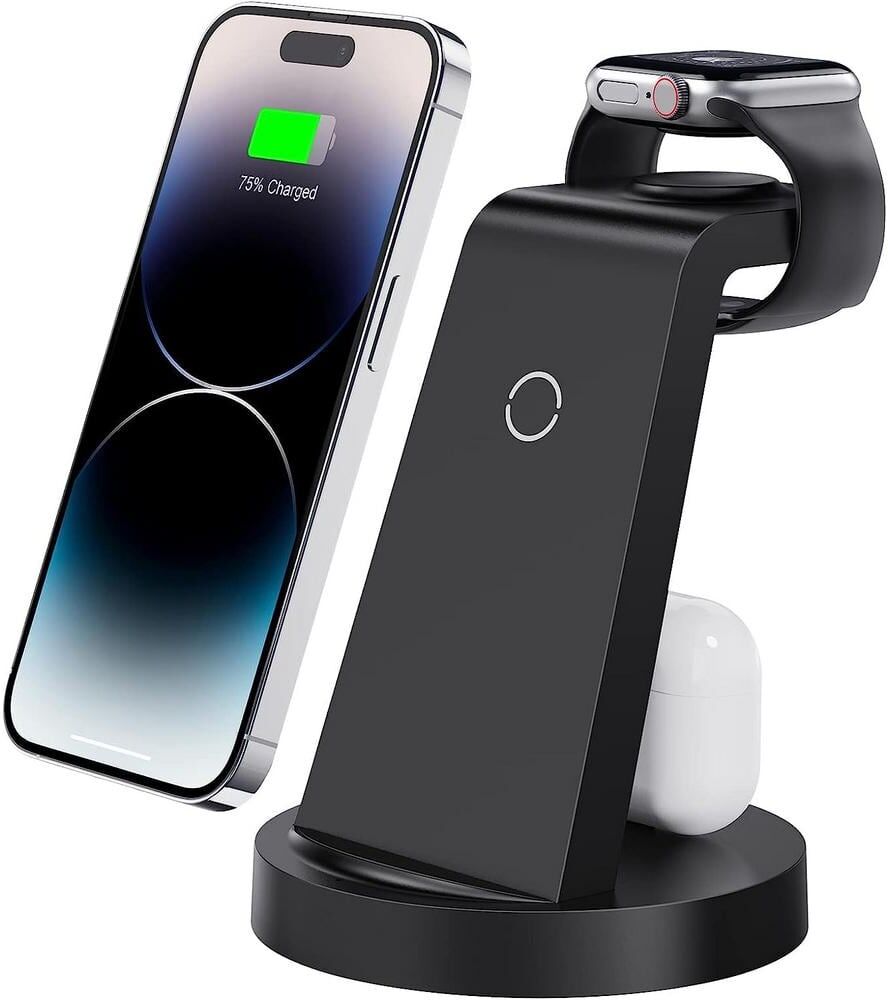 Etokfoks 3 in 1 Charging Station for iPhone, Smart Watch, Airpods with Wireless Charger in Black