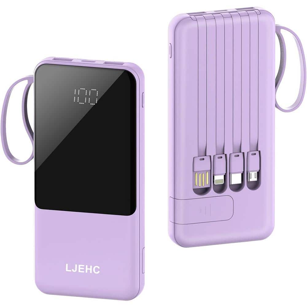 Etokfoks 10000mAh Slim USB C Power Bank with Built in Cables 5 Output 3 Input and LED Display in Purple - (1-Pack)