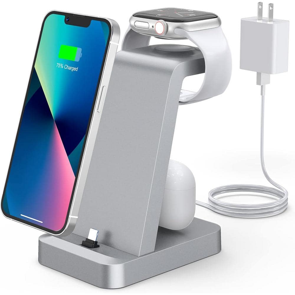 Etokfoks Silver New Charging Station for iPhone - 3 in 1 Wireless Charger Stand for Apple Watch Series for iPhone with Adapter