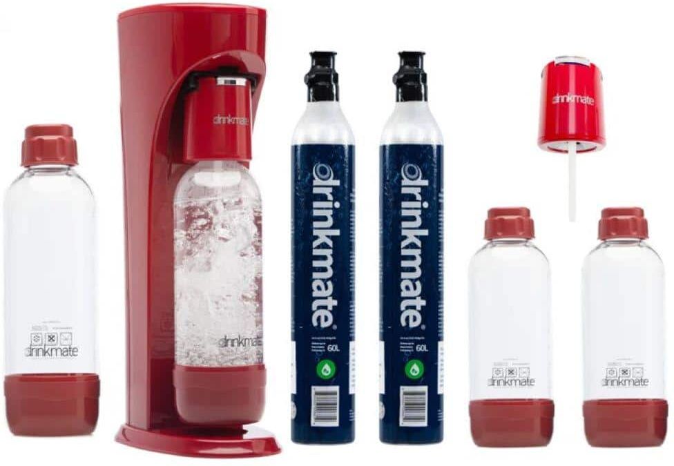 DrinkMate Royal Red Sparkling Water and Soda Maker Party Pack with 2 60L CO2 Cartridges, Extra Fizz Infuser, 1L and 2 0.5L Bottles