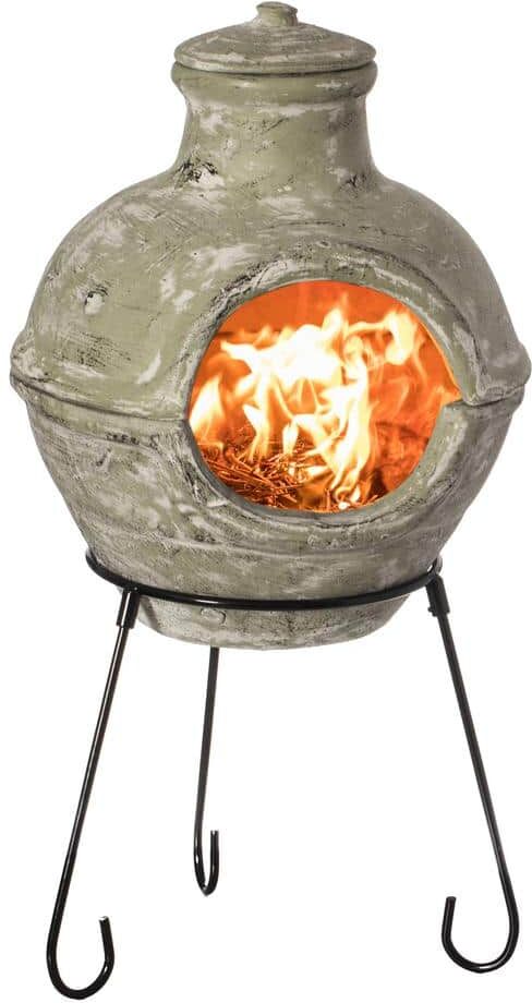 Vintiquewise Outdoor Beige Clay Chimenea BBQ Grill Fire Pit Accent Design and Metal Stand