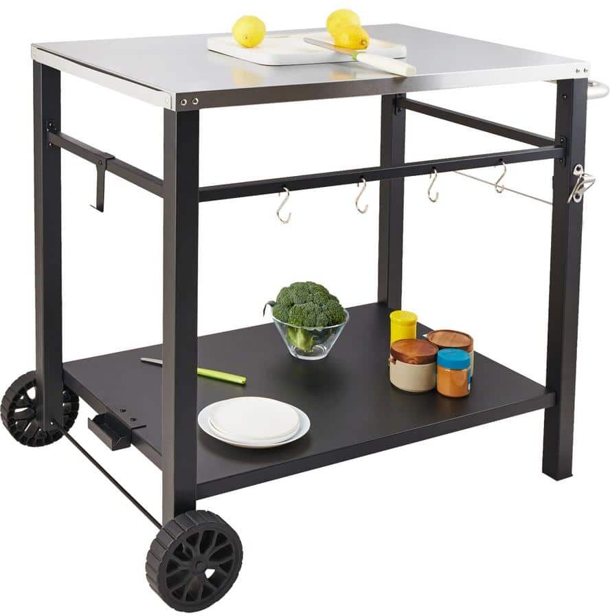 VEVOR Outdoor Grill Cart with Double-Shelf BBQ Movable Food Prep Table Multi-Functional Stainless Steel Table Top