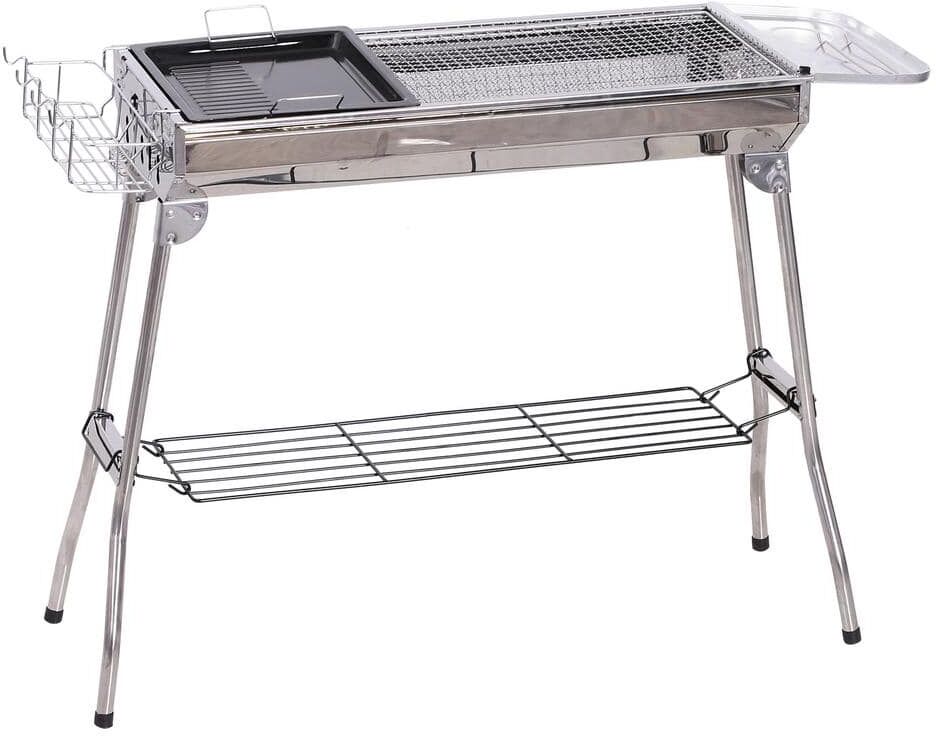 Outsunny Portable Folding Charcoal BBQ Grill in Silver Stainless Steel Camp Picnic Cooker with a Large Non-Stick Cooking Space