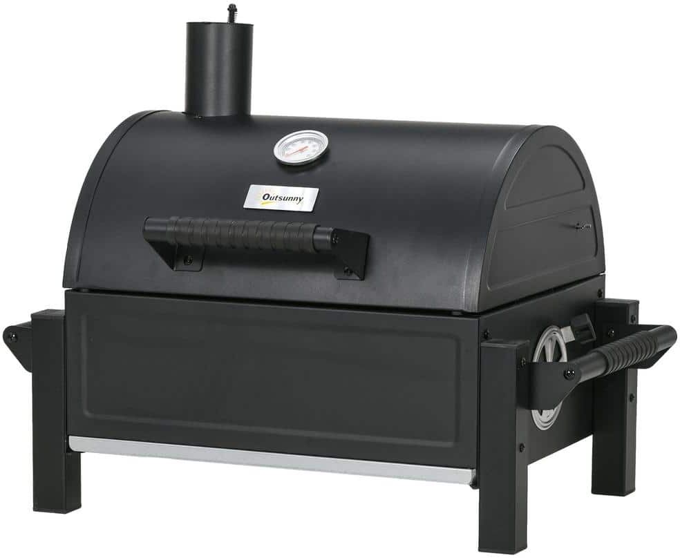 Out sunny Charcoal BBQ Grill Galvanized Steel Wood Smoker in Black with Ash Catcher and Built-in Thermometer