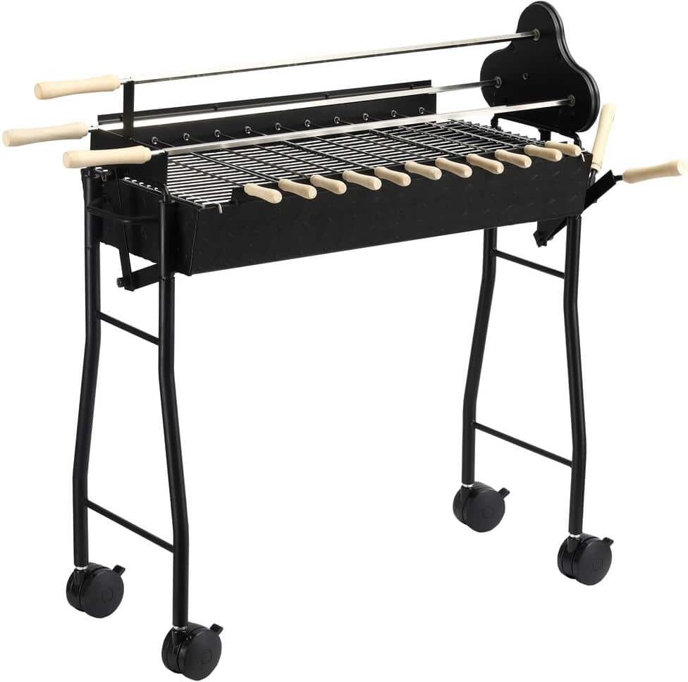 Siavonce Portable Charcoal BBQ Grills in Black, Outdoor Steel Rotisserie Cooking Height Adjustable w/4 Wheels Large/Small Skewers