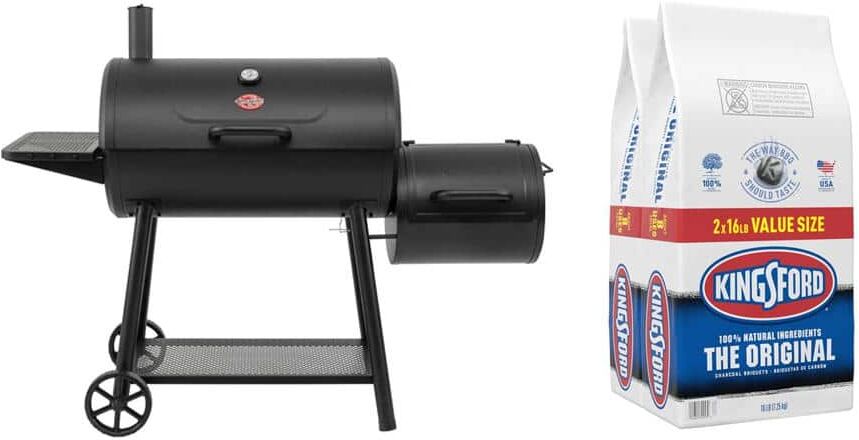 Kingsford 16 lbs. Original BBQ Smoker Charcoal Grilling Briquettes w/Smokin' Champ Charcoal Grill Offset Smoker in Black (2-Pack)