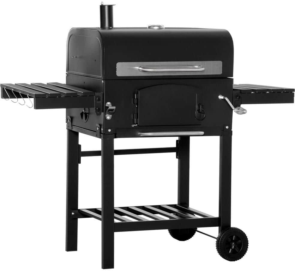 Outsunny Metal Charcoal Smoker in Black Grill BBQ with Adjustable Height and Folding Shelves