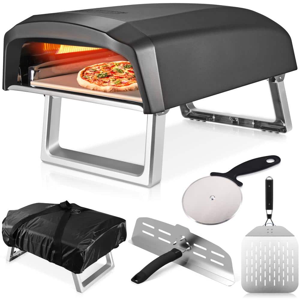 Commercial CHEF Portable Propane Gas Outdoor Pizza Oven with Baffle Door, Peel, Stone, Cutter, and Carry Cover (L-Shaped Burner)