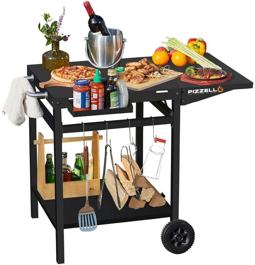 Black Outdoor Grill Dining Cart Movable Pizza Oven Trolley BBQ Stand Grill Cart with 2 Wheels