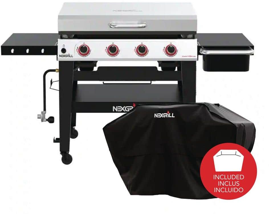 Nexgrill Daytona 4-Burner Propane Gas Grill 36 in. Flat Top Griddle in Black with Stainless Steel Lid with Cover