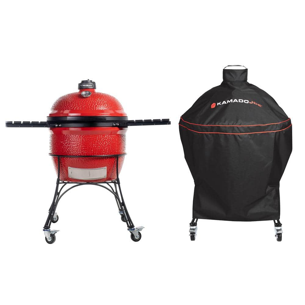 Kamado Joe 24 in. Big Joe I Charcoal Grill in Blaze Red + Cover Bundle